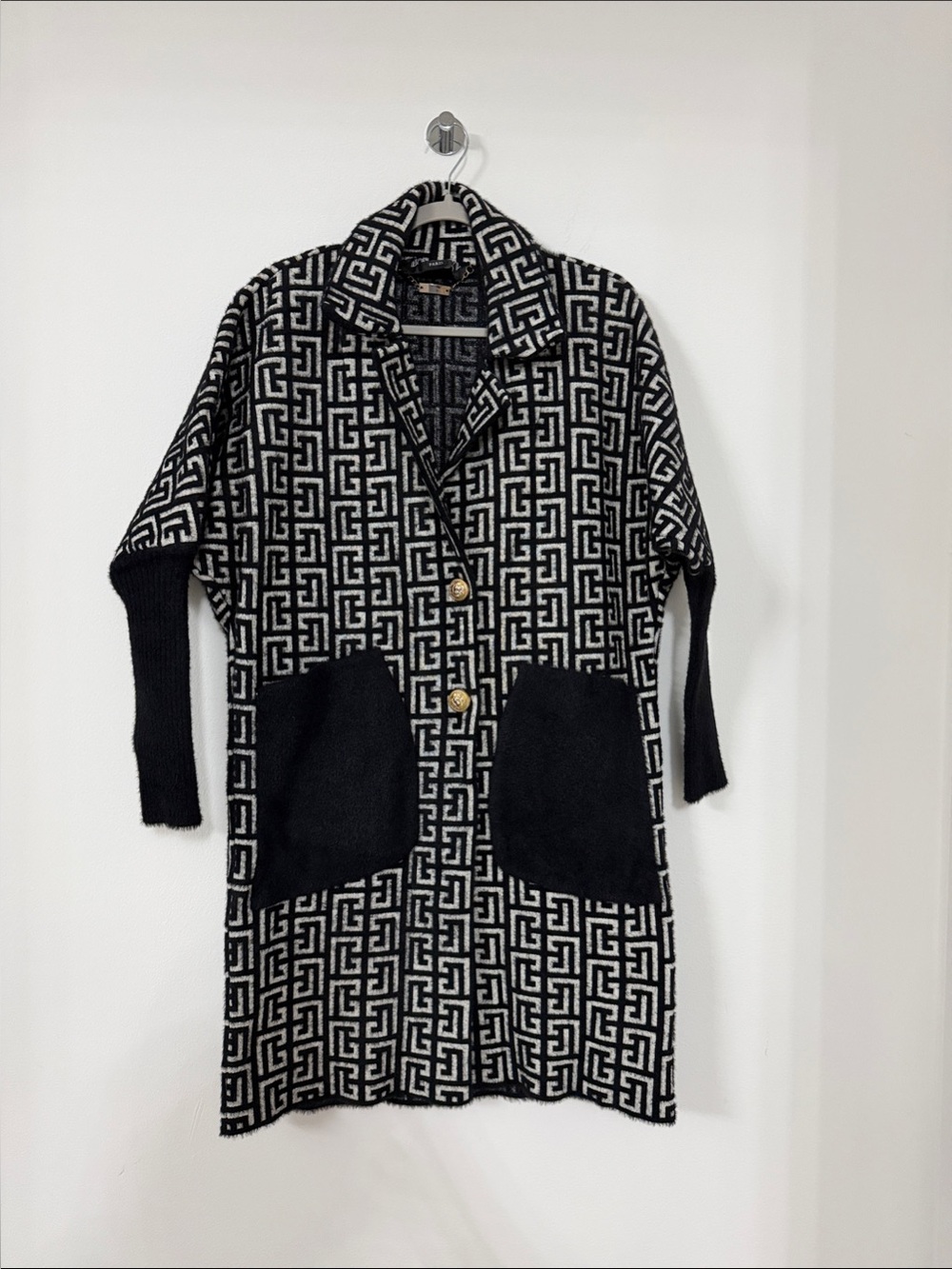 Black & Cream Geometric Long Cardigan with Patch Pockets